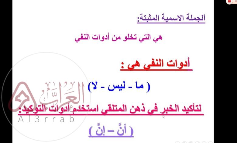 الجملة الاسمية المثبتة هي التي تخلو من أدوات النفي